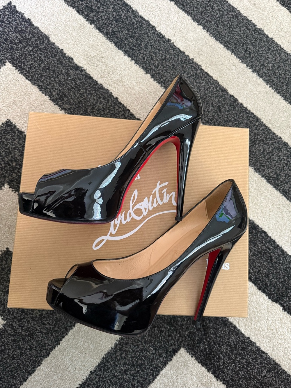 Christian Louboutin Black Patent Peep-Toe Stilettos with Red Sole